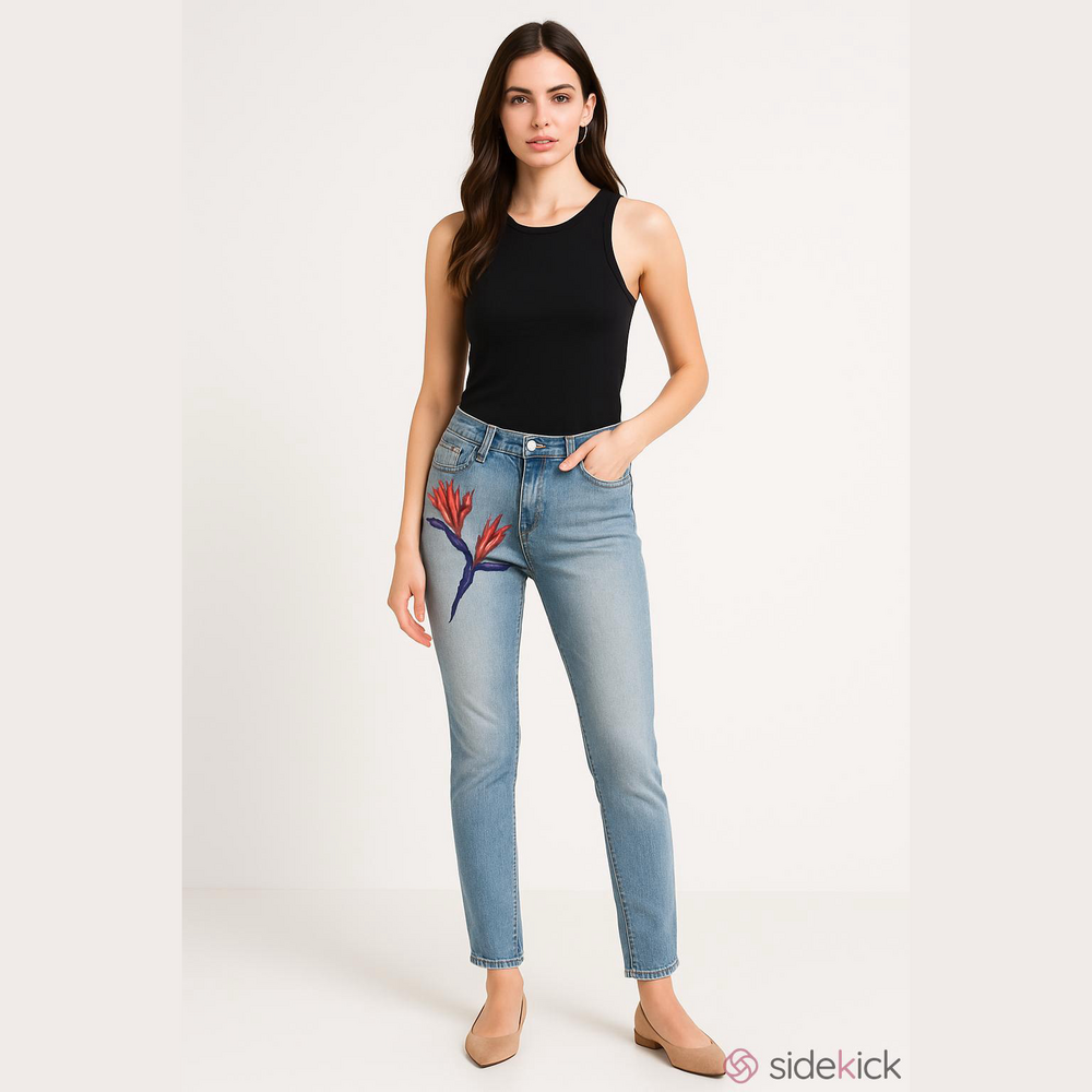 EUC Women’s MNML Embroidered Bird of Paradise Jeans Blue Size 29